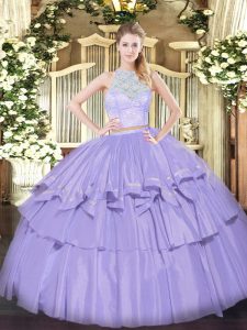  Lace and Ruffled Layers Quinceanera Dress Lavender Zipper Sleeveless Floor Length