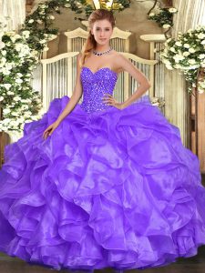 Glamorous Lavender Ball Gowns Sweetheart Sleeveless Organza Floor Length Lace Up Beading and Ruffles Vestidos de Quinceanera