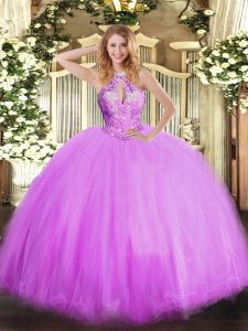 On Sale Lilac Halter Top Neckline Beading Quinceanera Gowns Sleeveless Lace Up