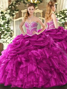 Modern Fuchsia Sweetheart Neckline Beading and Ruffles and Pick Ups Quinceanera Gown Sleeveless Lace Up