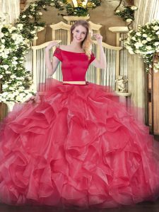  Off The Shoulder Short Sleeves Quinceanera Gown Floor Length Appliques and Ruffles Coral Red Organza