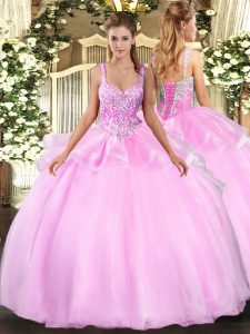  Pink Straps Neckline Beading Quinceanera Dresses Sleeveless Lace Up