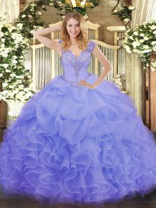  Lavender Lace Up V-neck Ruffles Sweet 16 Quinceanera Dress Organza Sleeveless
