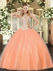  Peach Sleeveless Floor Length Beading Lace Up Vestidos de Quinceanera