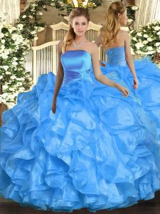  Ball Gowns Quinceanera Dress Baby Blue Strapless Organza Sleeveless Floor Length Lace Up