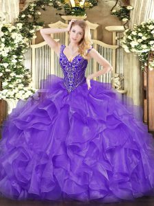 Adorable Lavender Quinceanera Gown Military Ball and Sweet 16 and Quinceanera with Beading and Ruffles V-neck Sleeveless Lace Up