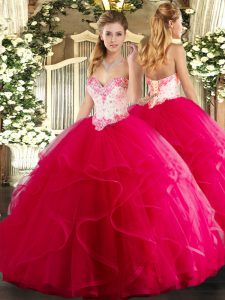 Cheap Sleeveless Floor Length Beading and Ruffles Lace Up Sweet 16 Quinceanera Dress with Hot Pink