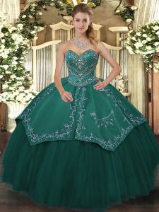 Attractive Sleeveless Taffeta and Tulle Floor Length Lace Up Quinceanera Dress in Teal with Beading