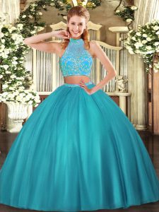 Fashionable Aqua Blue Tulle Criss Cross Sweet 16 Dress Sleeveless Floor Length Beading