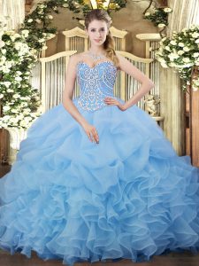  Aqua Blue Sweetheart Lace Up Beading and Ruffles and Pick Ups Quinceanera Gown Sleeveless