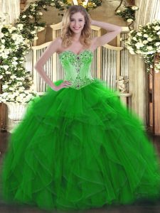 Clearance Sweetheart Sleeveless 15th Birthday Dress Floor Length Beading and Ruffles Green Organza