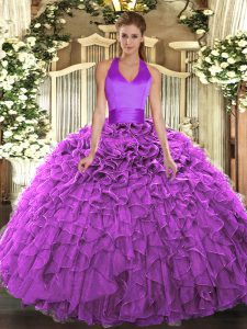 Fashionable Fuchsia Ball Gowns Organza Halter Top Sleeveless Ruffles Floor Length Lace Up Vestidos de Quinceanera