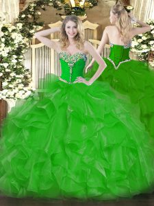  Green Ball Gowns Beading and Ruffles Sweet 16 Dresses Lace Up Organza Sleeveless Floor Length
