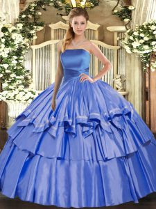 Sumptuous Organza Strapless Sleeveless Lace Up Ruffled Layers Ball Gown Prom Dress in Blue