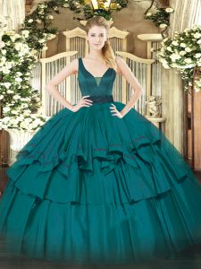 Glorious Beading and Ruffled Layers Quinceanera Gowns Teal Zipper Sleeveless Floor Length