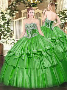  Green Lace Up Strapless Beading and Ruffled Layers Vestidos de Quinceanera Organza and Taffeta Sleeveless