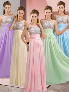  Chiffon Scoop Sleeveless Side Zipper Beading Prom Evening Gown in Baby Pink