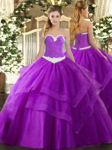 Best Selling Purple Ball Gowns Tulle Sweetheart Sleeveless Appliques and Ruffled Layers Floor Length Lace Up 15 Quinceanera Dress