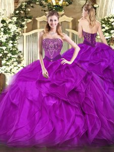 Flirting Purple Quinceanera Gowns Military Ball and Sweet 16 and Quinceanera with Beading and Ruffles Strapless Sleeveless Lace Up