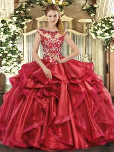  Ball Gowns Quinceanera Dress Red Scoop Organza Cap Sleeves Floor Length Lace Up