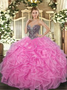 Admirable Rose Pink Ball Gowns Beading and Ruffles Ball Gown Prom Dress Lace Up Organza Sleeveless Floor Length