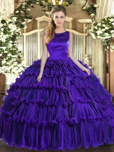  Purple Scoop Lace Up Ruffled Layers Quinceanera Gown Sleeveless