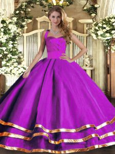 Custom Design Sleeveless Tulle Floor Length Lace Up 15th Birthday Dress in Purple with Ruffled Layers