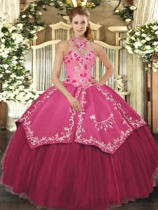  Floor Length Coral Red 15 Quinceanera Dress Halter Top Sleeveless Lace Up