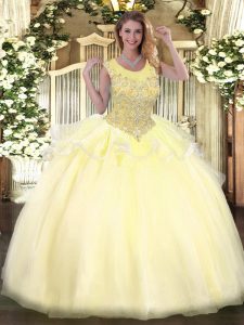  Floor Length Light Yellow Sweet 16 Dress Organza Sleeveless Beading
