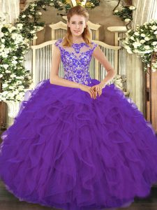 Sweet Scoop Cap Sleeves Organza Sweet 16 Dress Beading and Ruffles Lace Up