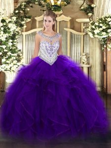 Fashionable Purple Zipper Ball Gown Prom Dress Beading and Ruffles Sleeveless Floor Length
