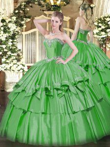 Clearance Green Sleeveless Floor Length Beading and Ruffled Layers Lace Up Sweet 16 Quinceanera Dress