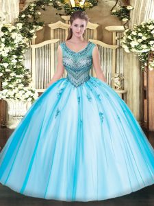 Best Selling Sleeveless Lace Up Floor Length Beading and Appliques Sweet 16 Quinceanera Dress
