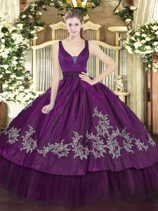  Purple Ball Gown Prom Dress Military Ball and Sweet 16 and Quinceanera with Beading and Embroidery Straps Sleeveless Zipper
