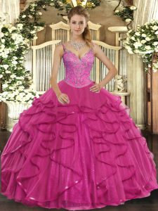  Floor Length Ball Gowns Sleeveless Hot Pink 15th Birthday Dress Lace Up