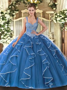 Custom Designed Blue Sleeveless Floor Length Beading and Ruffles Lace Up Quinceanera Gowns