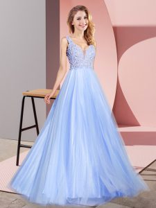  Light Blue V-neck Zipper Lace Prom Dresses Sleeveless