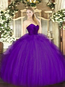 Elegant Purple Tulle Zipper Sweet 16 Quinceanera Dress Sleeveless Floor Length Ruffles