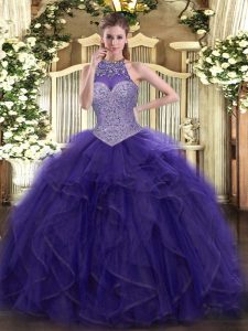 Enchanting Purple Ball Gowns Beading and Ruffled Layers Ball Gown Prom Dress Lace Up Tulle Sleeveless Floor Length
