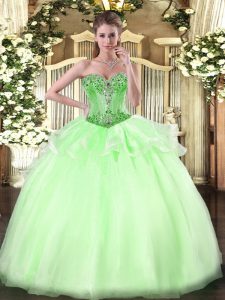 Modest Apple Green Organza Lace Up Ball Gown Prom Dress Sleeveless Floor Length Beading