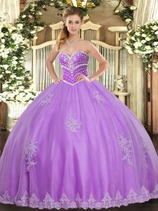  Lavender Ball Gowns Beading and Appliques Quinceanera Gowns Lace Up Tulle Sleeveless Floor Length