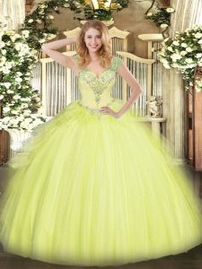 Deluxe Beading and Ruffles Quince Ball Gowns Yellow Green Lace Up Sleeveless Floor Length
