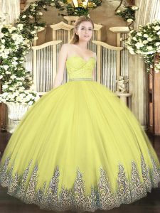  Sleeveless Floor Length Beading and Lace and Appliques Zipper Quince Ball Gowns with Yellow
