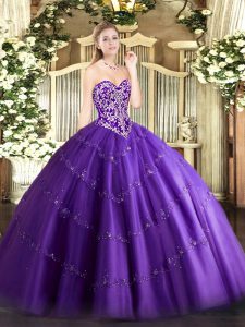 Gorgeous Purple Ball Gowns Sweetheart Sleeveless Tulle Floor Length Zipper Beading and Appliques Quinceanera Dress
