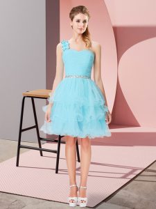 Attractive Aqua Blue Organza Lace Up One Shoulder Sleeveless Mini Length Prom Gown Beading and Ruffled Layers