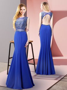 Comfortable Royal Blue Mermaid Beading Prom Evening Gown Backless Elastic Woven Satin Sleeveless Floor Length