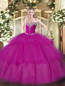  Sleeveless Floor Length Beading and Ruffled Layers Lace Up 15 Quinceanera Dress with Fuchsia