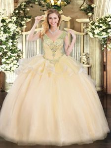  Tulle V-neck Sleeveless Lace Up Beading Vestidos de Quinceanera in Champagne
