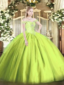 Super Ball Gowns Ball Gown Prom Dress Yellow Green Off The Shoulder Tulle Sleeveless Floor Length Lace Up