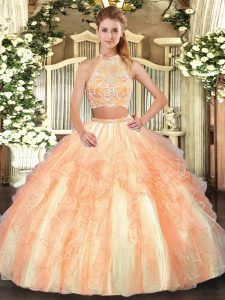 Exquisite Sleeveless Tulle Floor Length Criss Cross Quinceanera Gown in Gold with Beading and Ruffled Layers